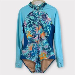 Coolibar Escalante High Neck‎ Long Sleeve Swimsuit Women's Large Floral Zip Up